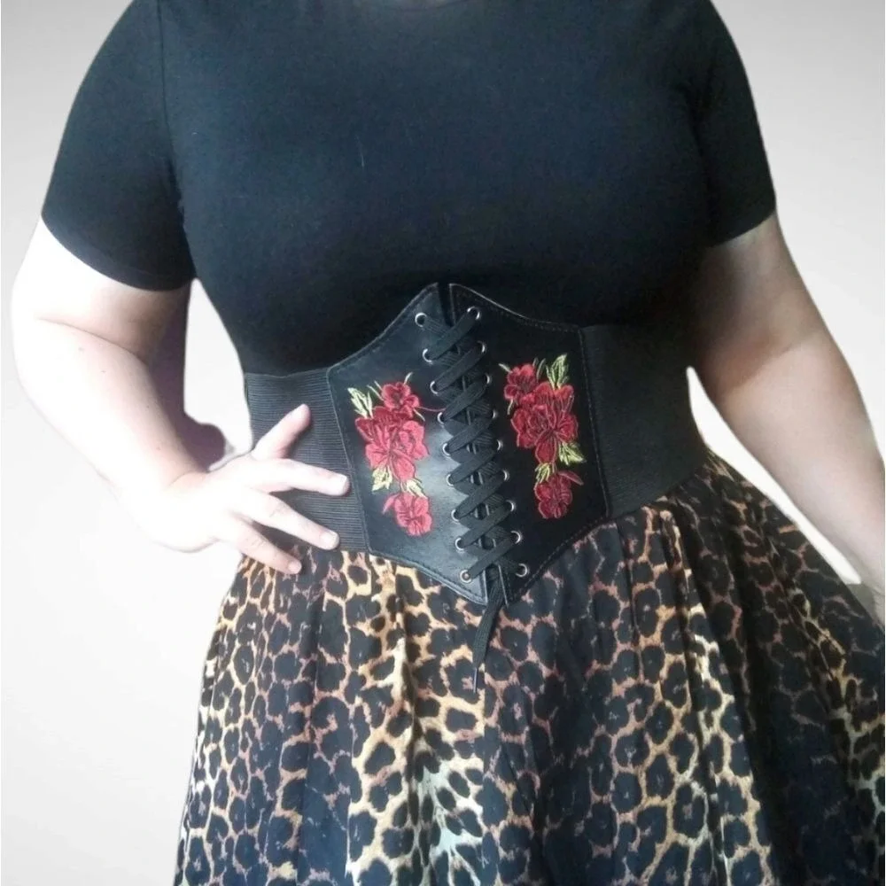 Corset Black Plus size Embroidered Wide Waist Belt Elastic cottage whimsigoth
